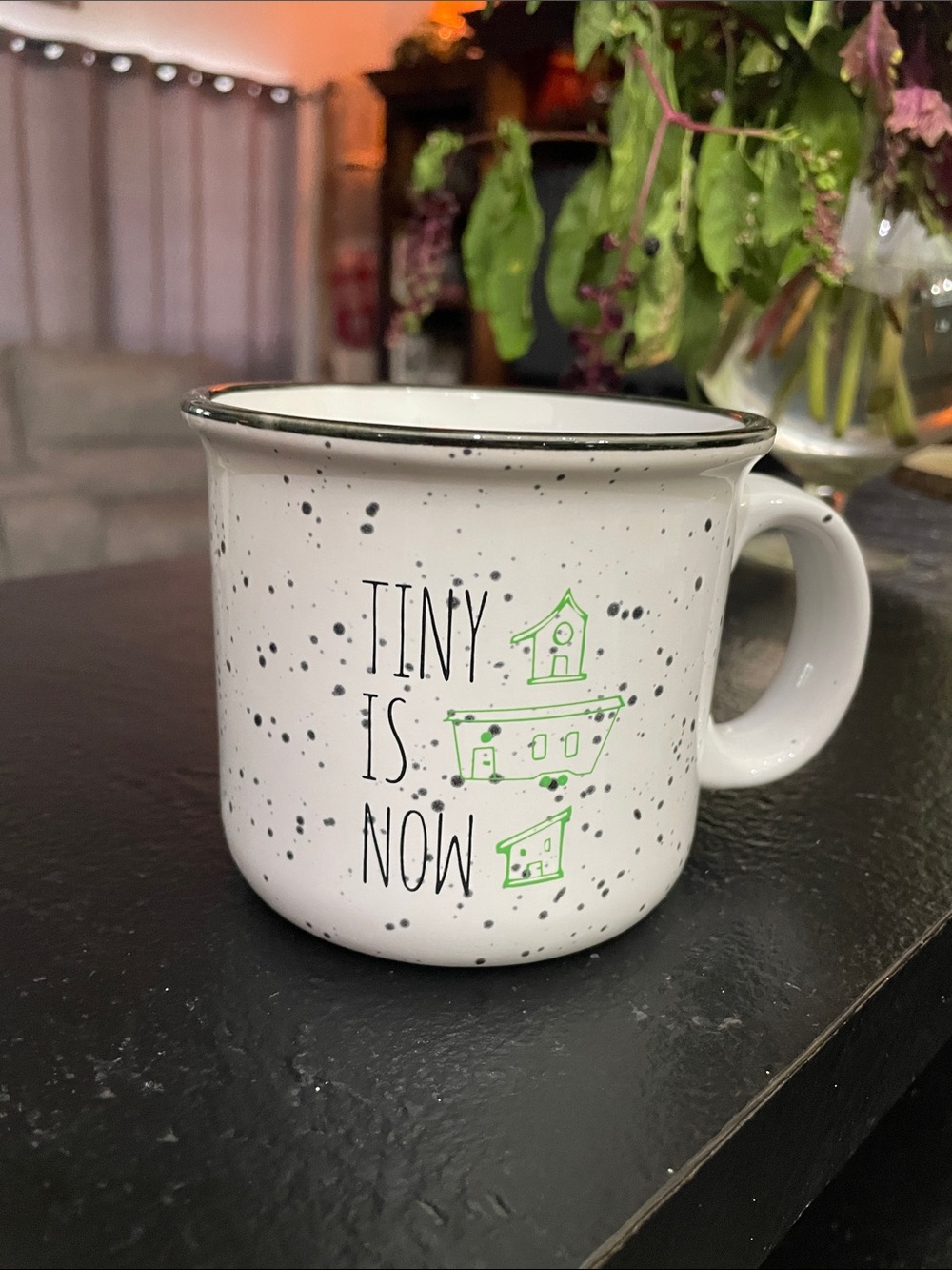 White Speckled Ceramic Campfite Mug with Green Accent - Tiny Is Now